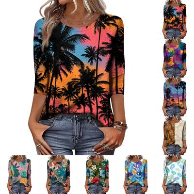 Women's Fashionable Casual Round Neck Three-quarter Sleeve Hawaiian Print T-shirt Top