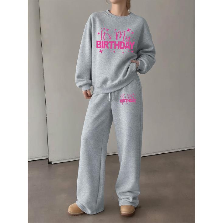 Women's Crewneck Sweatshirt and Drawstring Straight-Leg Pants 2-Piece Set, Birthday Print Casual Lounge Set, Loose & Comfortable Fit