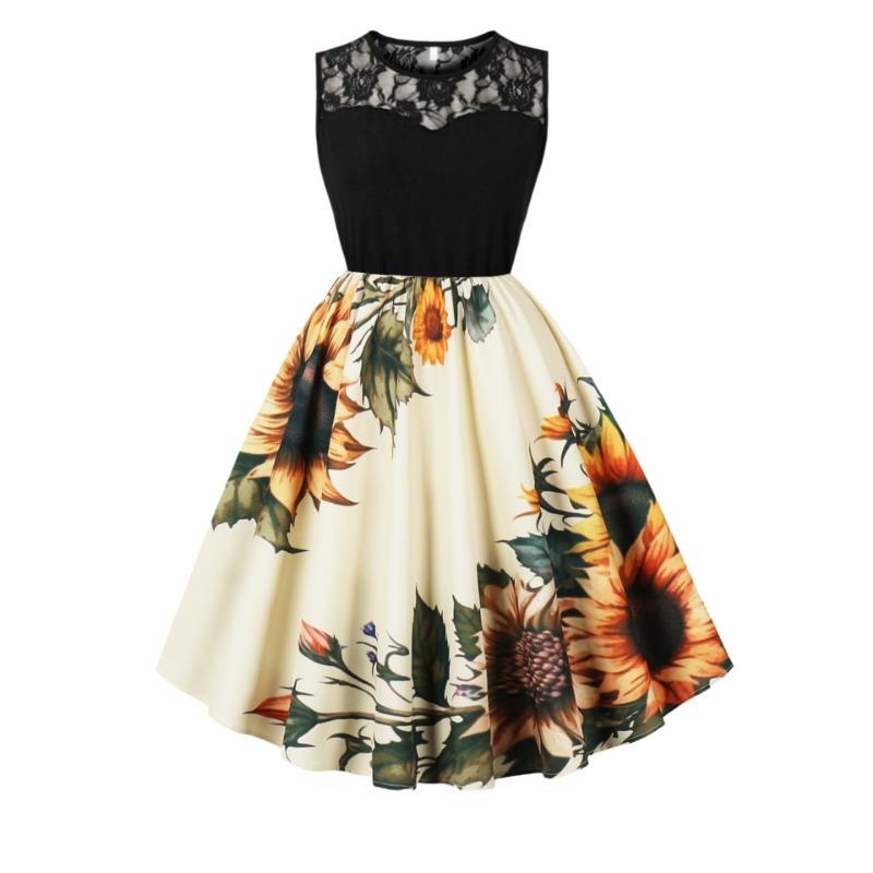 

Хэллоуин Новое Ретро Платье Кружевной Круглый Вырез Без Рукавов Лоскутное Платье-Маятник S