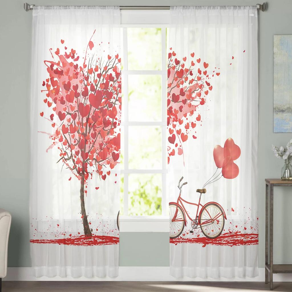 Valentine Love Tree Bicycle Curtain Tulle Decorative Sheer Curtains for Living Room Bedroom Kitchen Hotel Home Window Panels