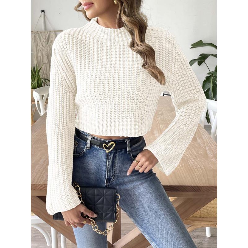 Women S Cropped Mock Neck Flared Sleeve Pullover Sweater