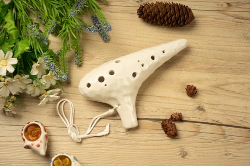 TNG Ocarina [Alto/C/AC / 12-Hole / Emerald] High-Quality Ocarina for Tube Play (Includes Strap) Glazed Finish with Ocean Wave Pattern (White)
