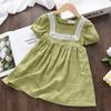Girls Summer Dress 2-7 Years Square Neck Puff Sleeve Lace Splicing Fresh Cotton Blend Casual Party Wear