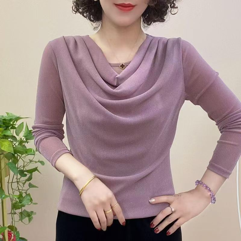 Jaro Podzim Síťovina Úzké Základní Tričko Dlouhý Rukáv Skládané Jednobarevné Tenké Vrchní Díly Trička Vintage Kancelářské Dámské Oblečení
