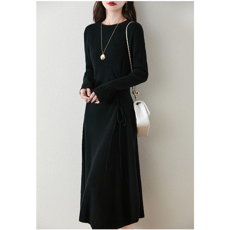 

Осень и зима новый шнурок облегающий и тонкий средней длины свитер-юбка женственность подкладка вязаное платье One size чёрный