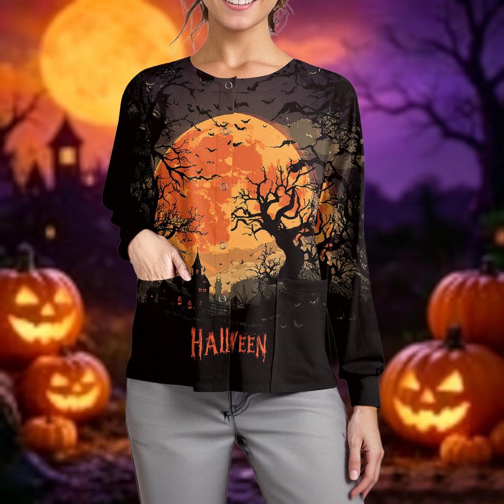 Women's Casual Long Sleeve Button Up Cardigan Halloween Print Lightweight Pullover Sweater for Caregivers and Everyday Wear