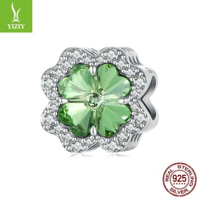 Bracciale Fai-da-te Semplice Classico Verde Quadrifoglio, Perline alla Moda e Versatili, Perline Portafortuna in Argento Sterling S925.