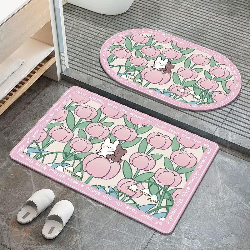 Sweet Flowers Diatom Mud Floor Mat Carpet Bathroom Moisture-wicking Mat Bathroom Quick Drying Mat Hand Washable Slip-resistant Door Mat