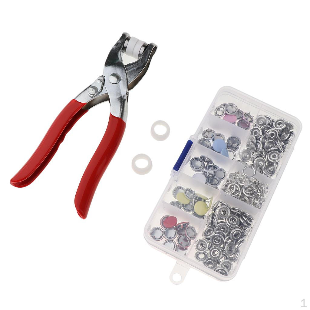 

100Pcs DIY 9.5mm Prong Ring Snap Fasteners Press Studs Popper With Plier Tools for Leather, Coat, 1