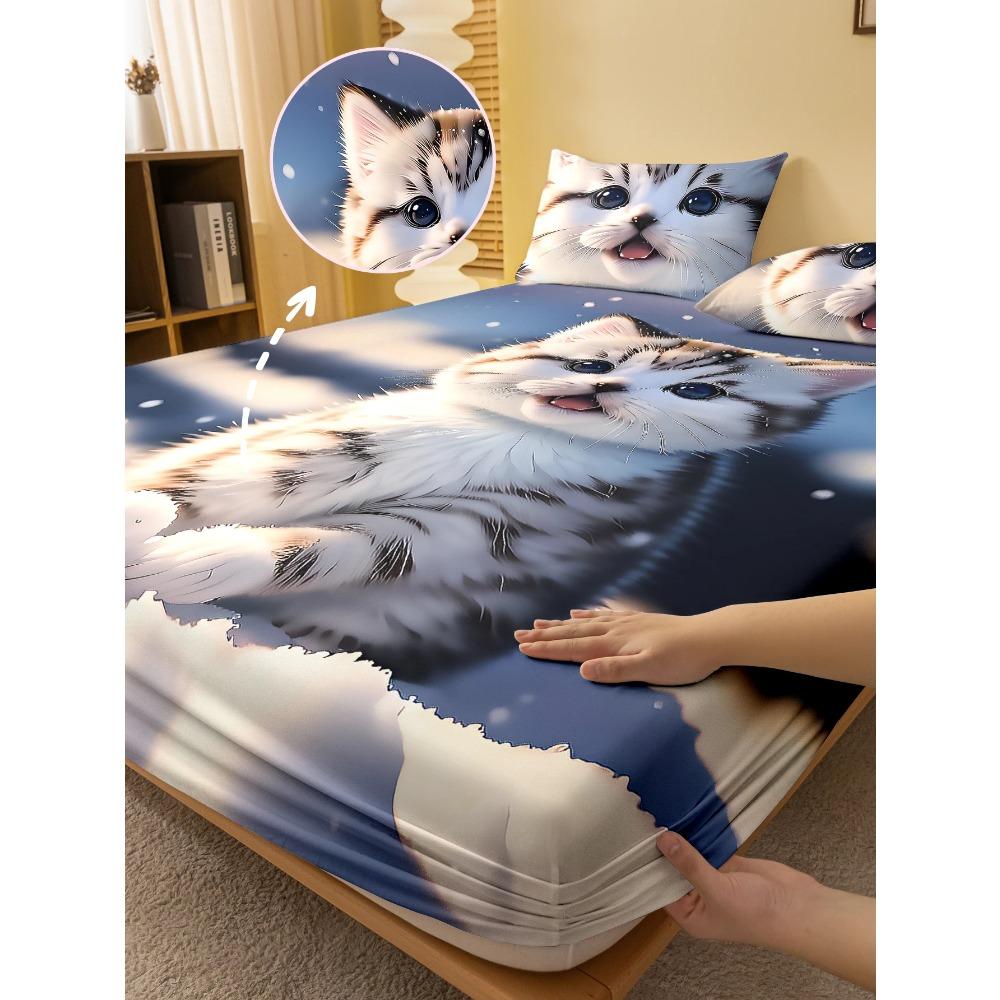 1 Cartoon Niedliches Tier Katze Digital Bedrucktes Mattiertes Spannbettlaken, Schlafzimmer Bedruckte Bettdecke, Bettwäsche(Kein Kissenbezug)