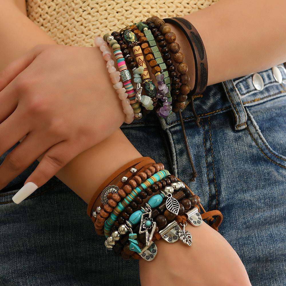 Boho Beaded Stack Bracelet Set, Multi-Layer Wood & Turquoise Bead Bracelet for Women, Bohemian Casual Beach Jewelry