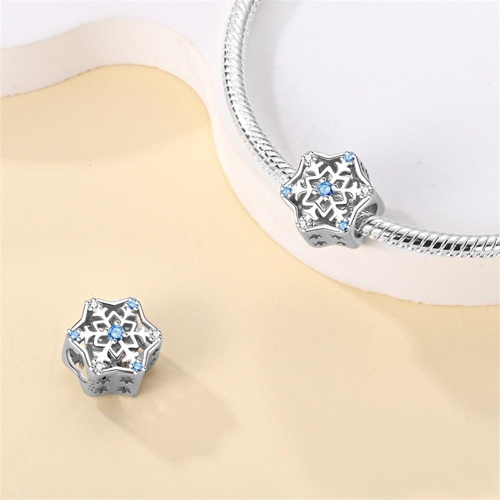 Original Copper Charms Luxury Winter Snowflake Blue Zircon Beads Fit Bracelet Diy Women Making Delicate Gift