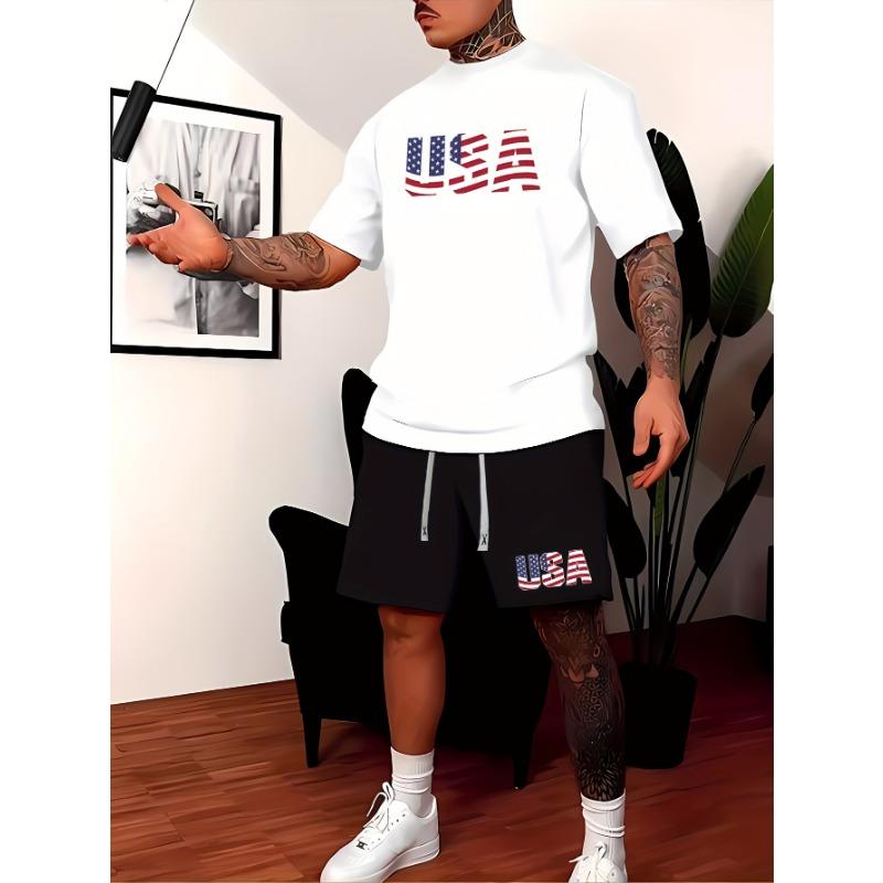 Men s spring and summer fashionable casual suits, short-sleeved T-shirts and drawstring shorts, sports printed clothing S