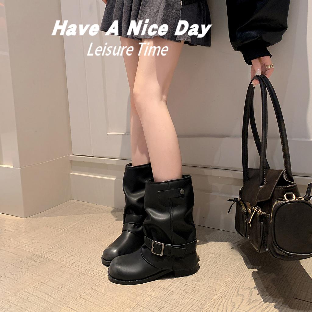 Genuine leather~ retro trouser tube short boots women's thick heel 2025 new pleated stacked Martin boots western cowboy knight boots