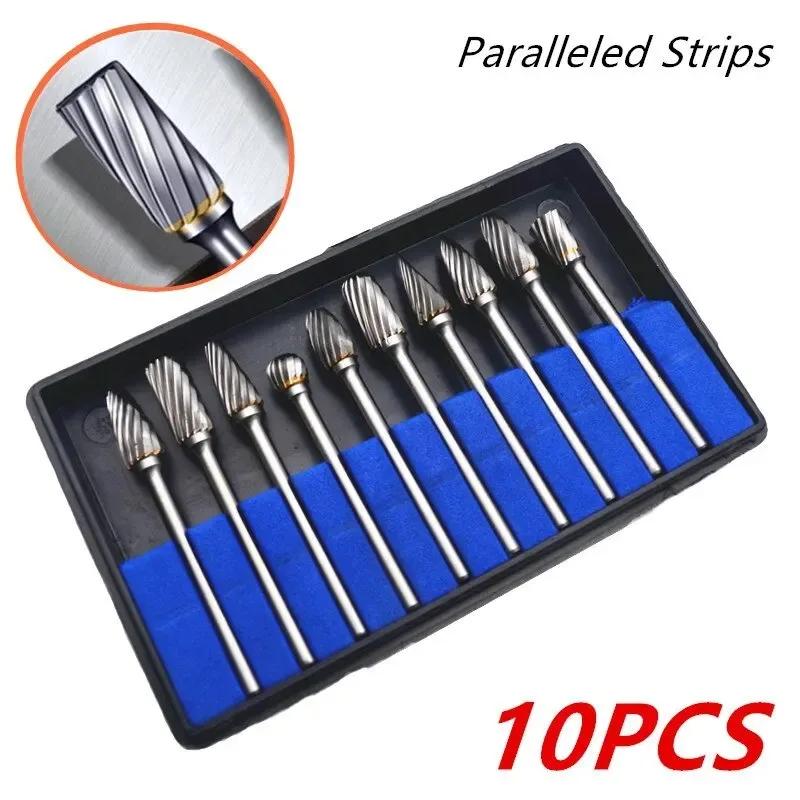 10pcs Carbide Burr Set, Hard Alloy Tungsten Steel Double Cut Rotary File Milling Cutter Head, Woodworking Grinding Carvin