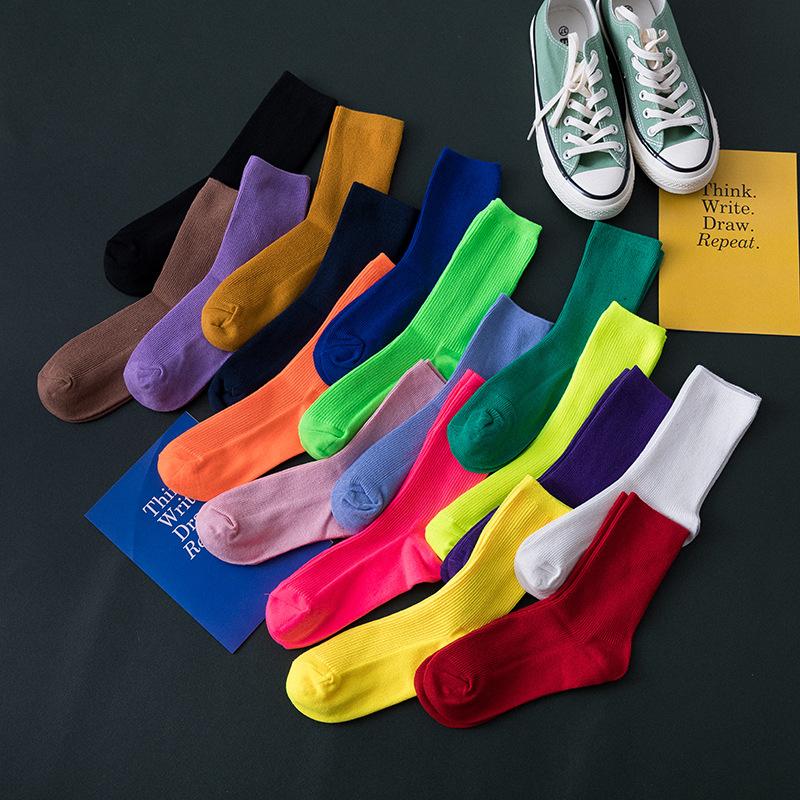 Colorful Harajuku Retro Women Lady Cotton Socks Fluorescent  Neon Color Korean Purple Yellow Pink Designer Skateboard Cool Cute