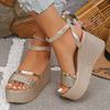 Pu Leather Weave Wedge Sandals for Women Fashion Gold Chunky Platform Sandals with Ankle Strap Summer Thick Bottom Beach Shoes