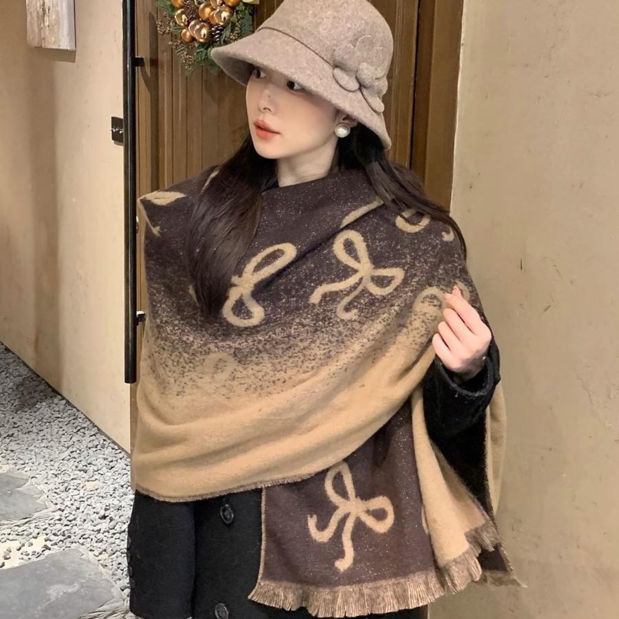Bow Tassel Scarf Women's Winter Large Shawl High End Double-sided Imitation Cashmere Extended and Thickened Warm Scarf