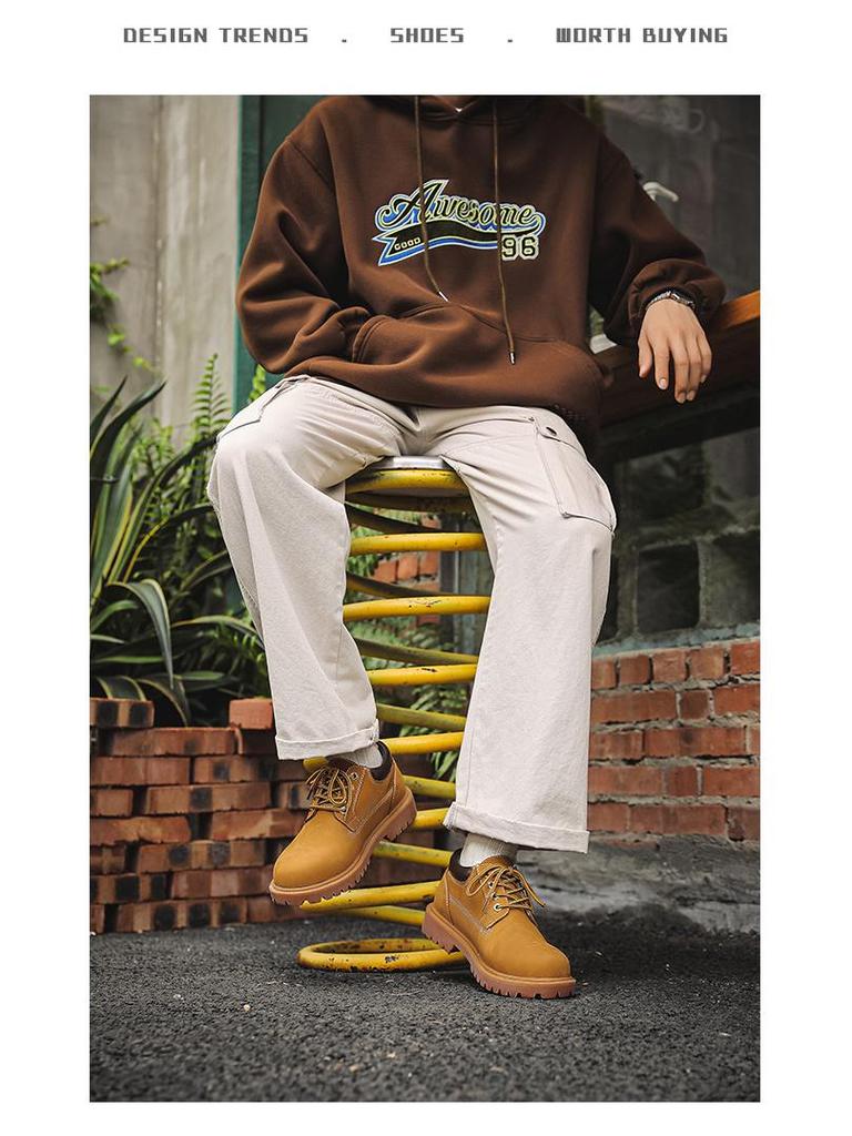 Men's Retro Yellow Leather Low-Top Martin Motorcycle Boots with Oxford Outsole