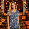 Women's V-Neck Short Sleeve Scrub Top with Pockets Halloween Print for Nurses and Caregivers