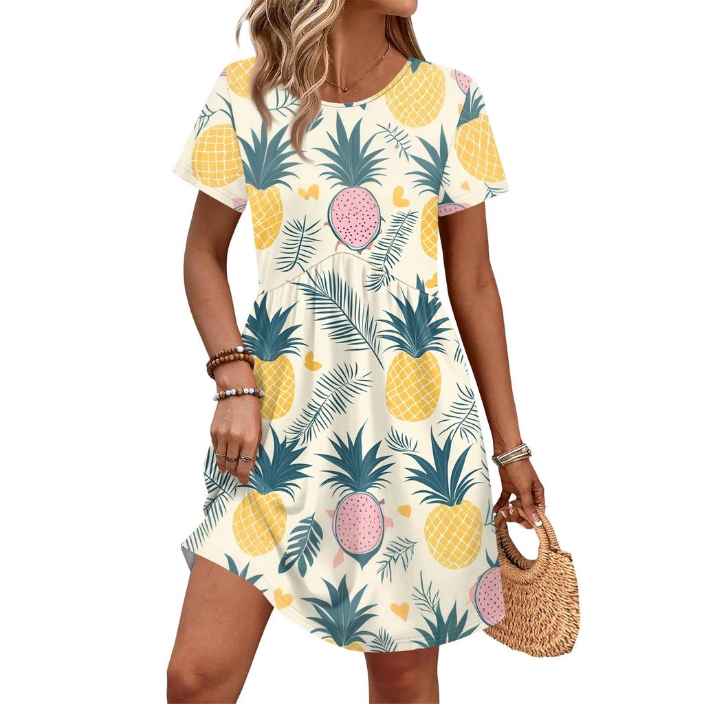 Dresses For Women Short Sleeve Print Round Neck Casual Dresses Waist Dress With Pockets