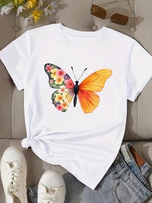 (Tamanho asiático) tendência borboleta doce Roupas Femininas Camiseta Top Feminino Moda Feminina Manga Curta Camisetas Gráficas Camiseta Estampada