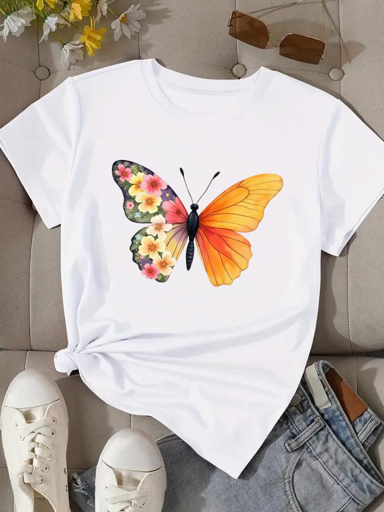 (Asian Size) Flower Watercolor Cute Women Clothing T Shirt Woman Top Fashion Female Short Sleeve Graphic T-shirts Print Tee