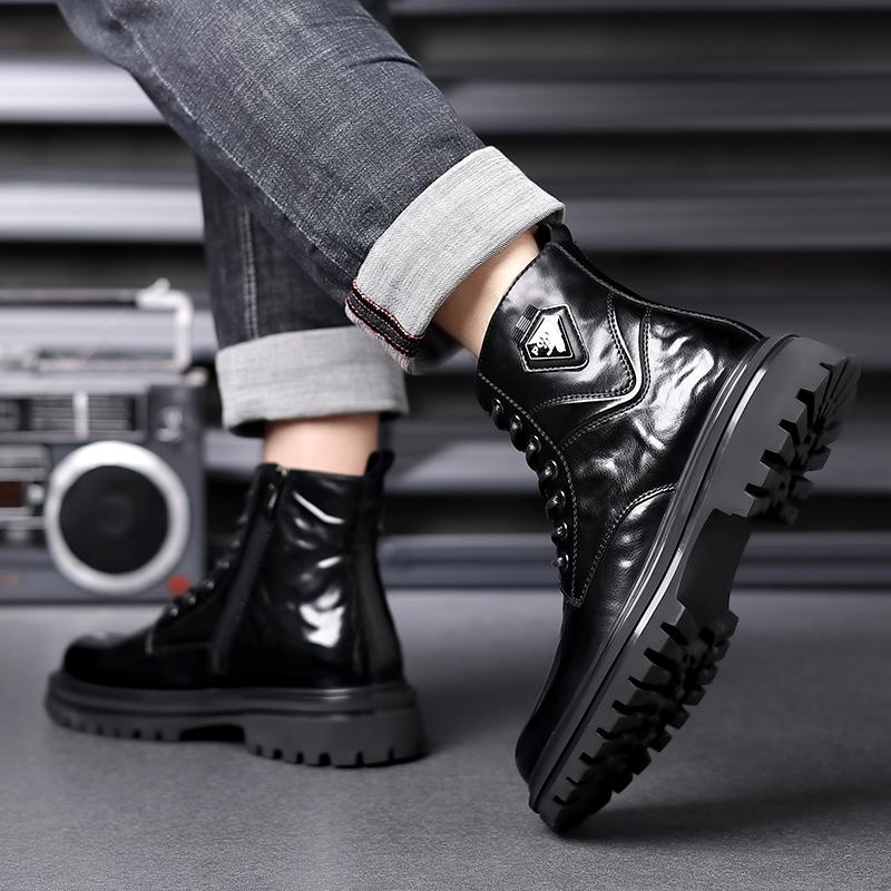 Fashion Casual Leather Ankle Boots Man Round Toe Motocross Boots Outdoor Plus Velvet High Top Shoes Warm Plush Fur Winter Boots for Men