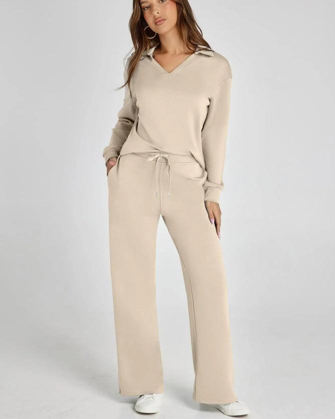 Women's Olive Green V-Neck Lounge Set with Drawstring Waist Pants