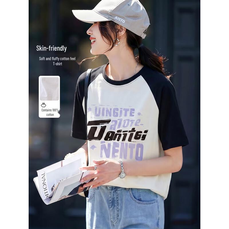 Women s Round Neck Color-Block Raglan Short Sleeve T-Shirt L