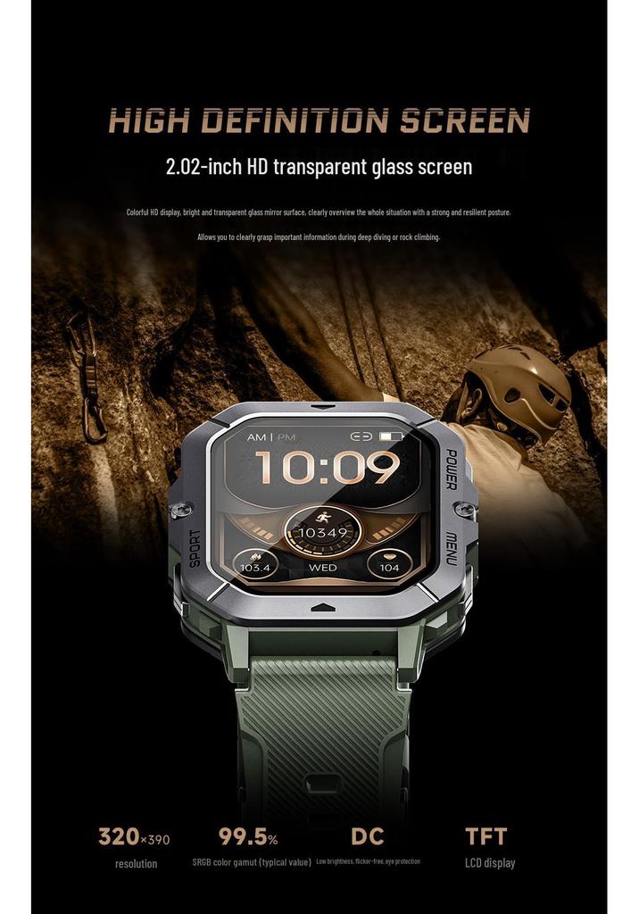 C28 Smartwatch: Outdoor Three-Proof, 3ATM Waterproof, 2.0" HD Screen, Call, Blood Pressure & Oxygen Monitoring