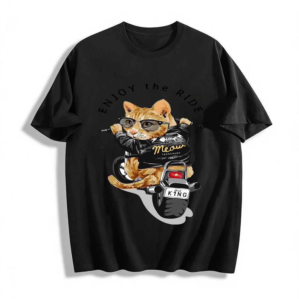 Cool Motorcycle Cat Print Tee Enjoy The Ride Trendy Casual Top Pure cotton T-shirt