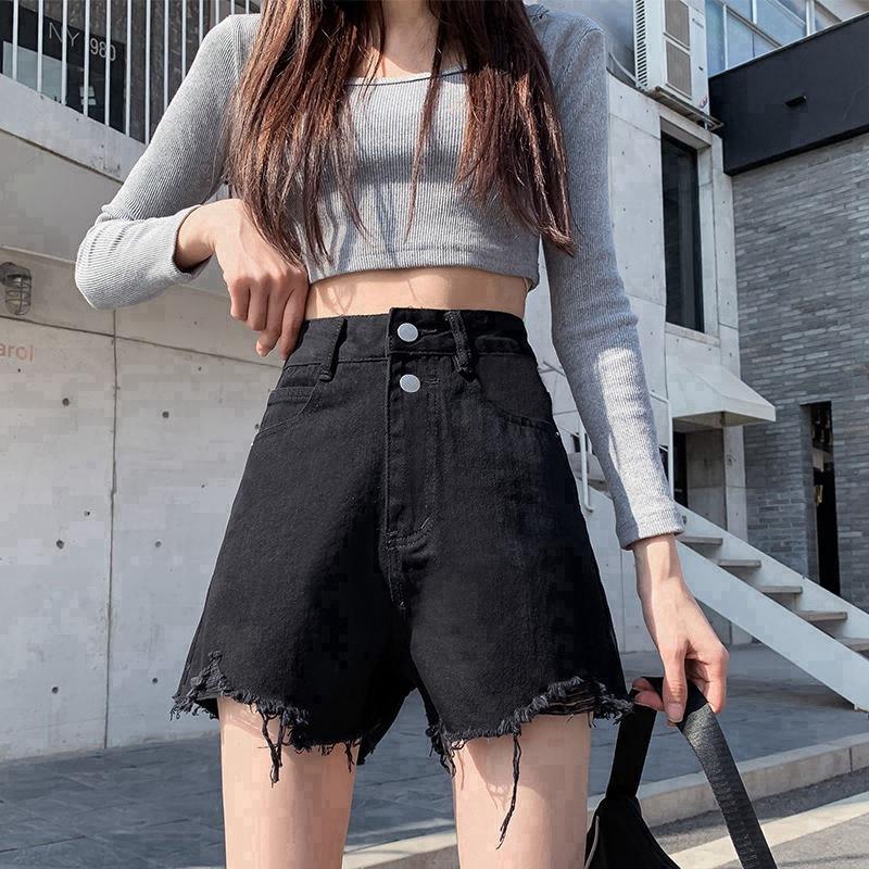 

Pants Classic and Minimalist Fashion Versatile Summer Female Loose High-waisted Broken Holes Thin A-line Thin Section of The Raw Edge Denim Shorts 2XL чёрный