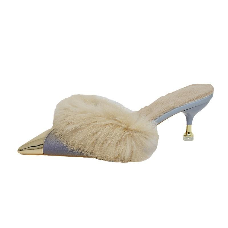 Hongkai Mao Mao Mao High-heeled Slippers Women's Outer Wear 2025 Autumn and Winter New French Pointed Half Slippers Women's Trend