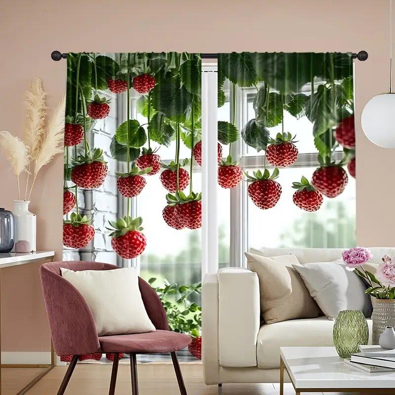 Strawberry Green Leaf Printed Curtains Are Suitable Bedrooms Living Rooms Home Decoration Christmas Curtain Made Of Polyester Washable Area Ready