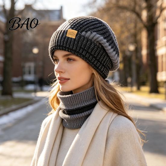 Comfortable Thermal Winter Gear Hat Neck Warmer Set, Fleece Lined Knitted Hat, Thickened Warm Soft Yarn Knit And Scarf for Women Cold Weather