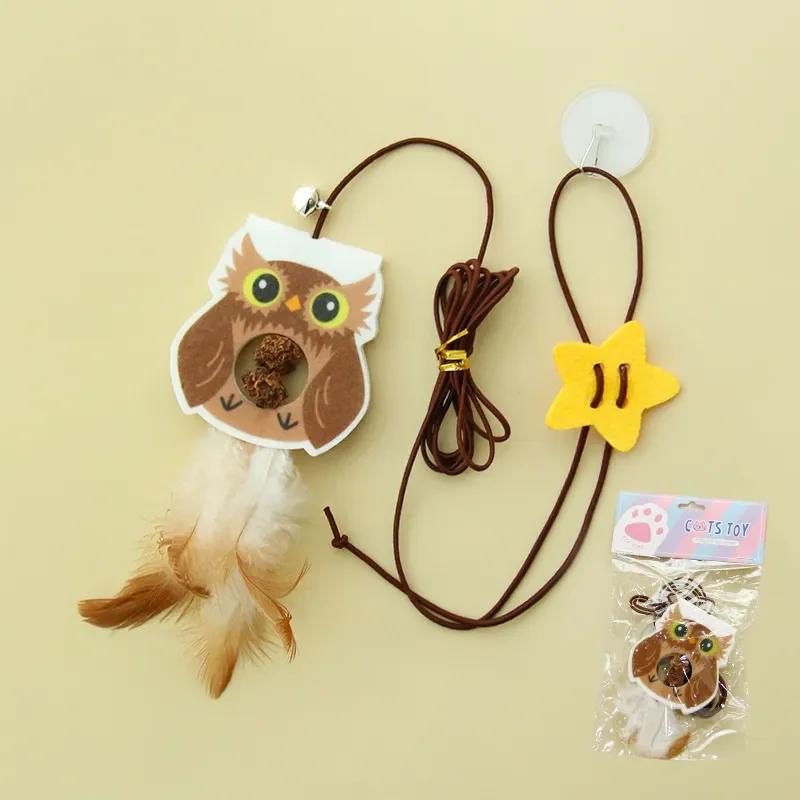 Cartoon Cat Toys Hanging Door Style Elastic Rope Feather Amusing Cat Stick Catnip Toys Interactive Boredom Relief Pet Supplies