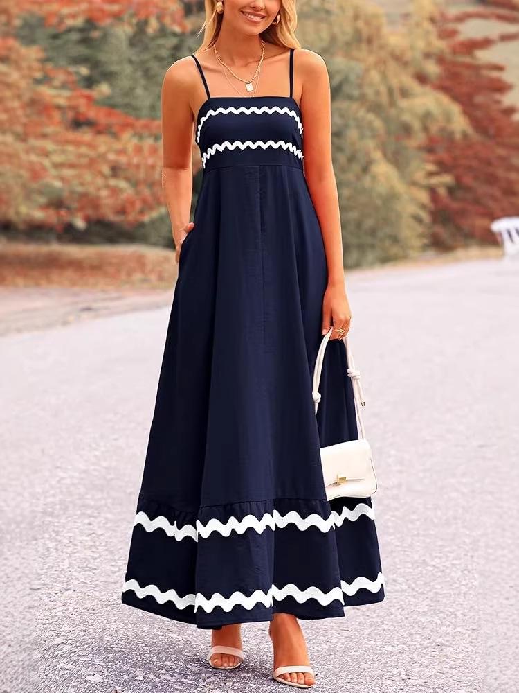 Damen Sommer Spitzen-Patchwork Spaghettiträger Maxikleid