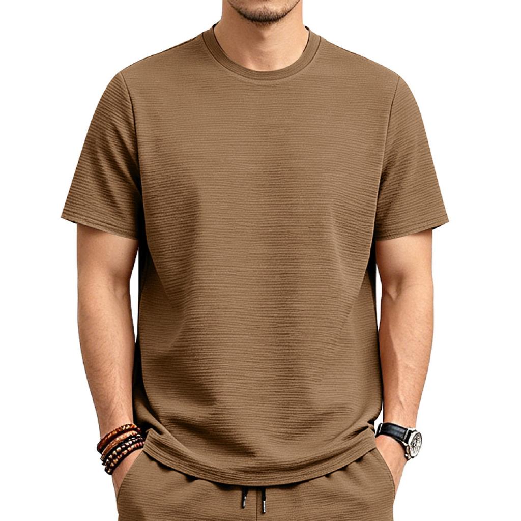 Men American Style Loose Elastic Textured Solid Basic Round Neck Short Sleeve Casual T Shirt