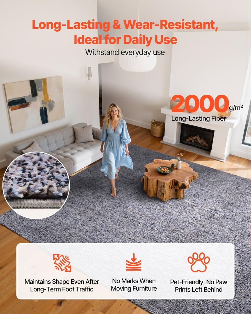 Indoor Plush Area Rugs, 2.74 x 3.66 m Plush Carpet, Area Rugs Furry with Long Plushs Pile, Thick & Durable High-Pile Rug for High-Traffic Areas,