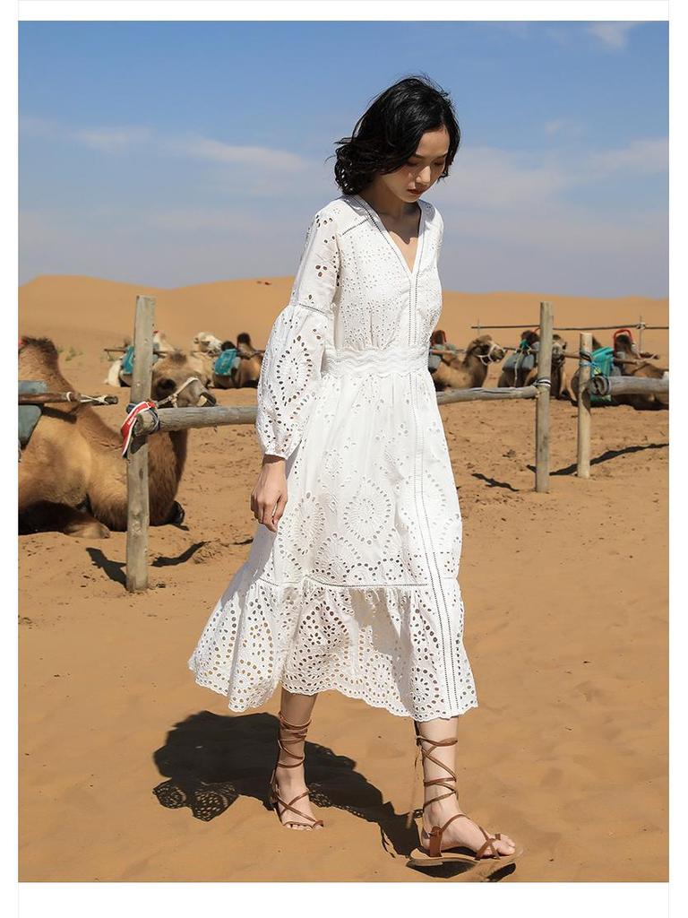 Spring/Summer 2025 Women's White Pure Cotton V-neck A-line Long Dress - F2075