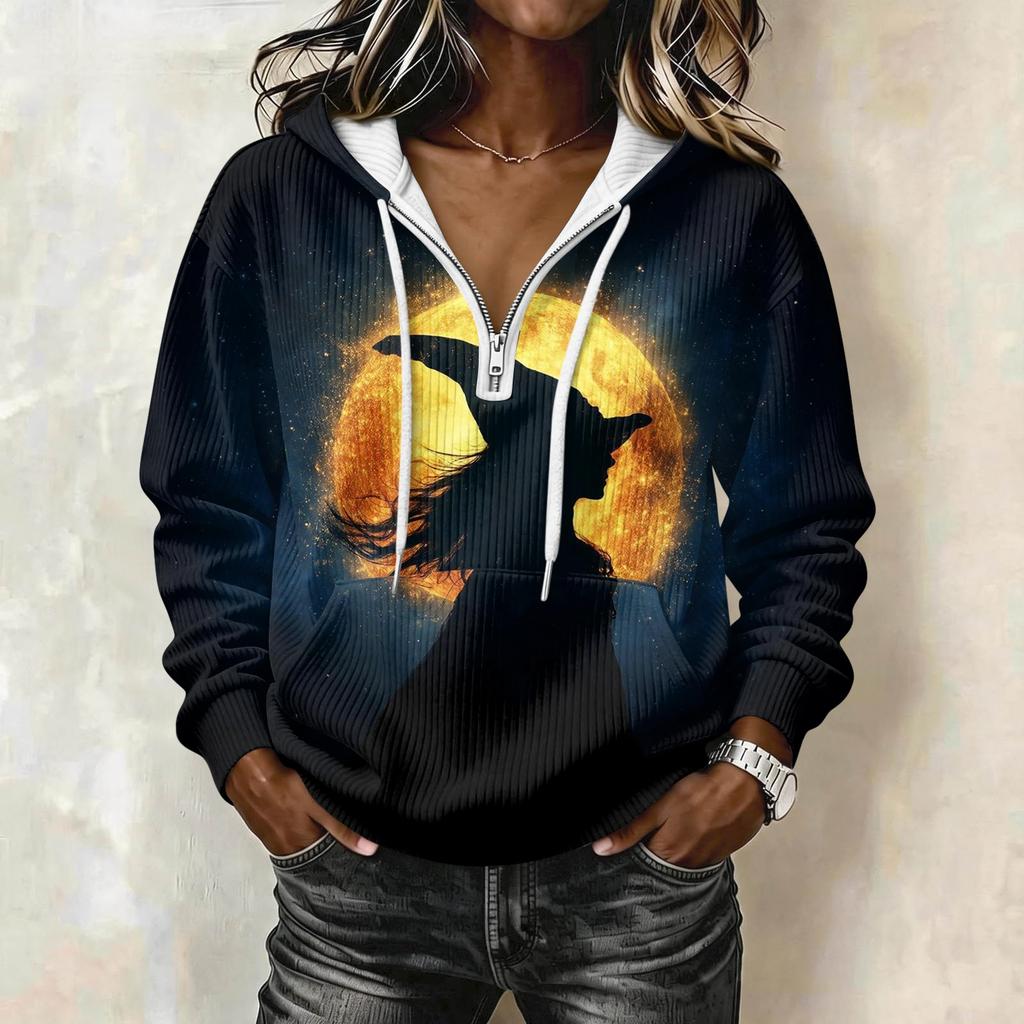 Women's Halloween Printed Long Sleeve Hoodie Drawstring Pullover Sweatshirt