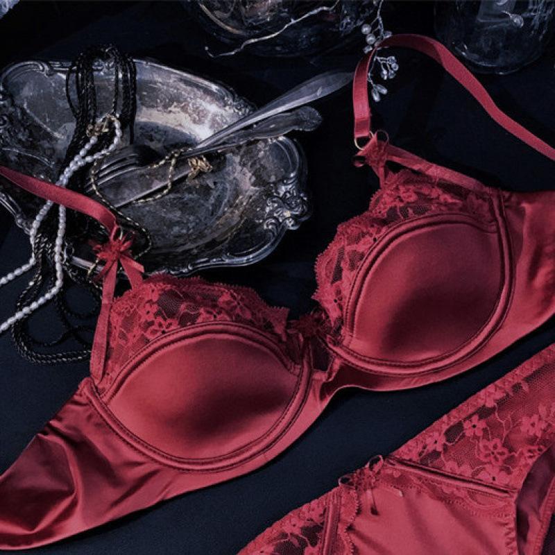 Sexy Französisches Sternzeichen Jahr Rotes Spitzen-Dünnbaumwoll-BH-Set, Brustminimierer Anti-Hänge-Vollbrust Damen-Dessous-Set
