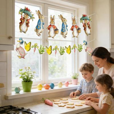 Bunny Garland Paper Rabbit Garland Happy Easter Sign for Bedroom Living Room Porch Birthday Party Farmhouse Mantle Wall Nursery