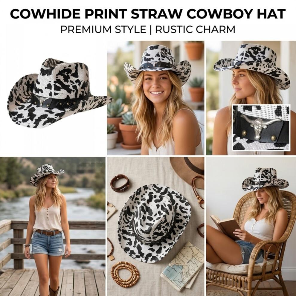 (M, White) Straw Sun Hat Retro Tie-Dye Cow Spots Print Wide Brim Western Cowgirl Hat