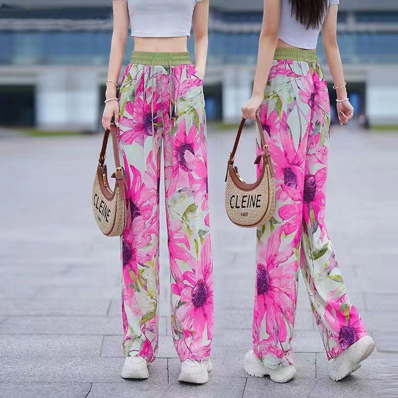 Summer Women's Ice Silk Print Pants Thin Loose Wide-leg Pants Stretch High-waisted Straight-leg Pants