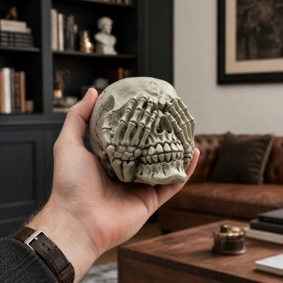 Halloween Totenkopf Figur, Höre Sie Sprich Kein Böses Skelettkopf Statue, Gotische Harz Heimdekoration für Schreibtisch, Bücherregal, Kaminsims, Tischplatte