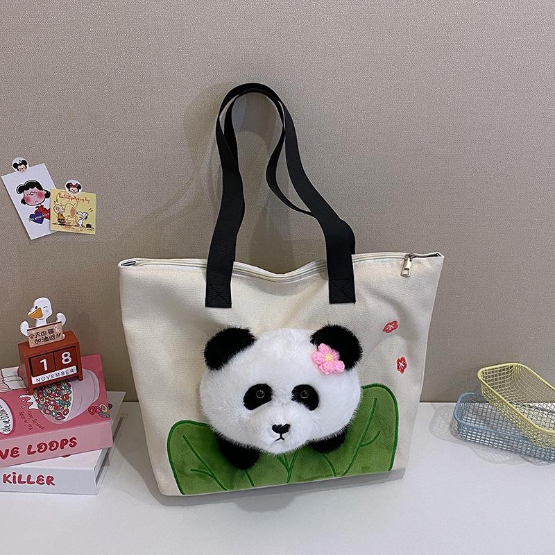 Cute Three-dimensional Plush Bear Head Handbag Large-capacity Portable Canvas Bag Girls Commute Shoulder Bag