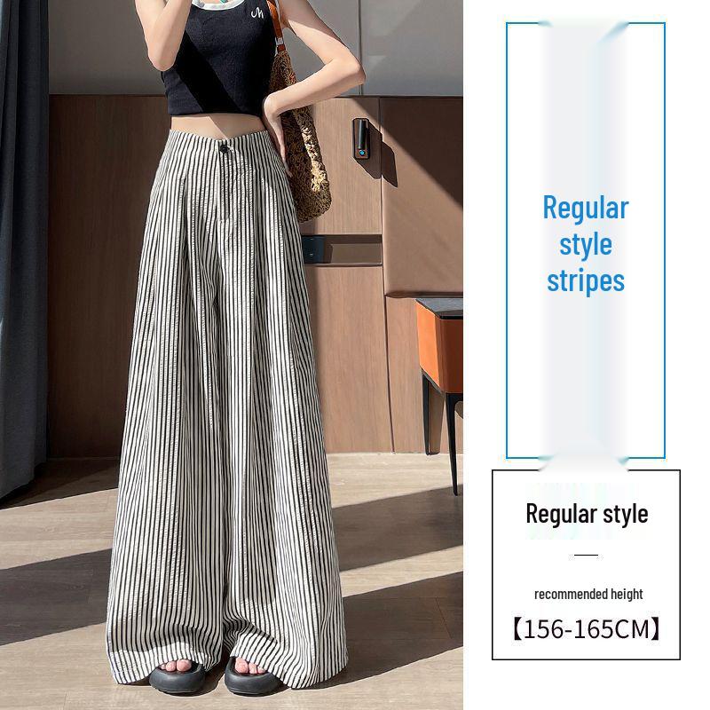 Women s 2026 Summer Ice Silk Striped Wide-Leg Pants: High-Waisted, Loose, Casual, Cotton-Linen, Floor-Length, Straight-Leg Fit S 40-47.5kg