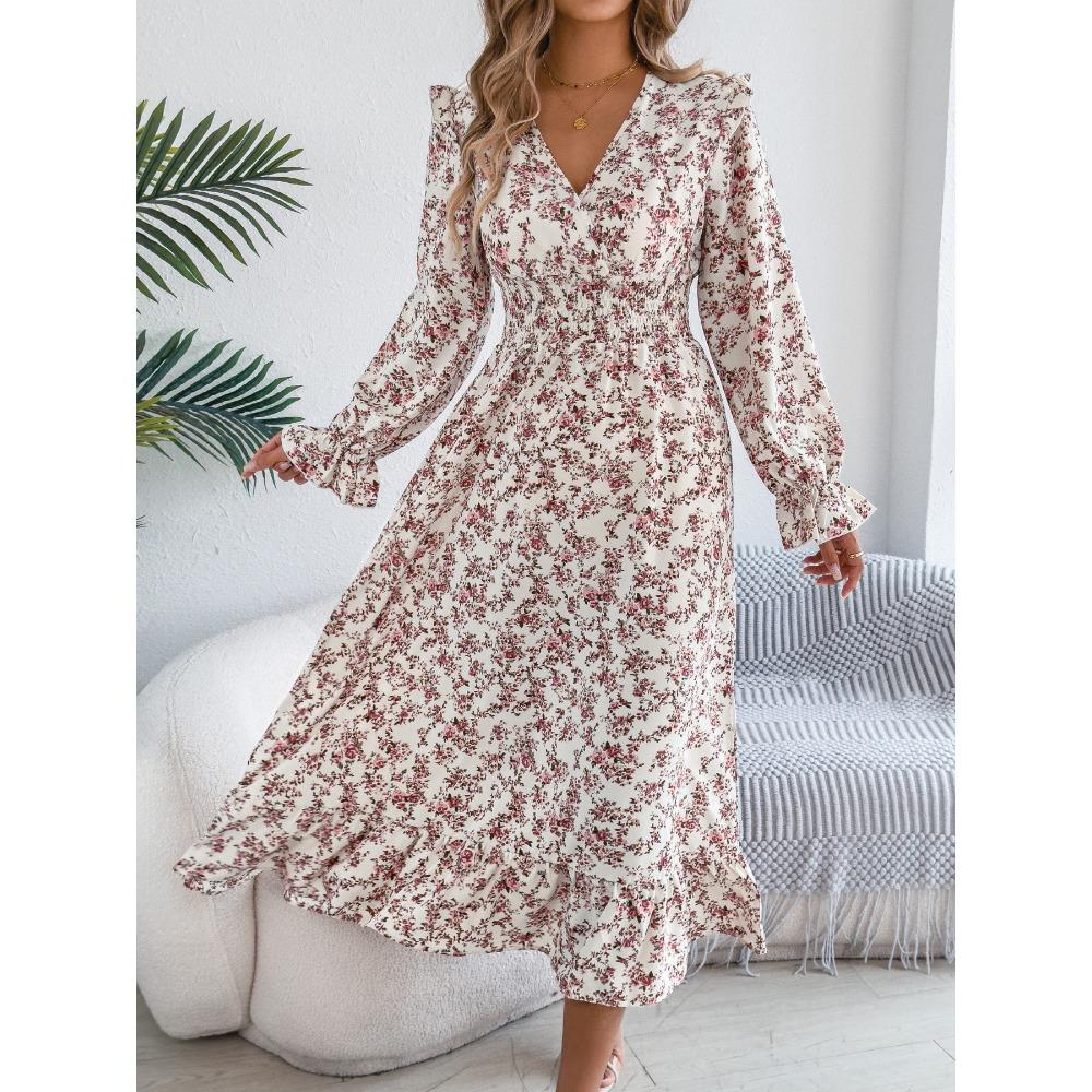 Women's Elegant Floral Cross V-Neck Waist Ruffle Long Dresses
